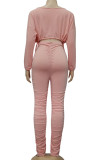 White Fashion British Style Adult Solid Draw String Fold O Neck Long Sleeve Regular Sleeve Short Two Pieces