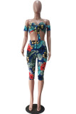 Orange Sexy Print Patchwork Off the Shoulder Short Sleeve Two Pieces