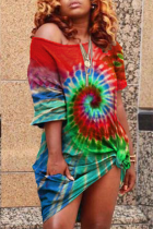 Red Fashion Cap Sleeve 3/4 Length Sleeves O neck Step Skirt Mini Rainbow Paisley asymmetrical