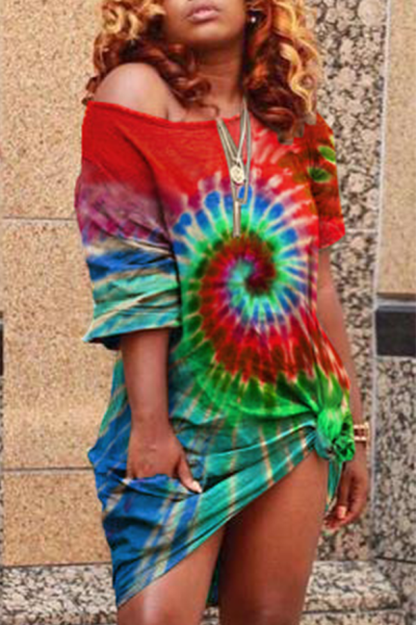 Red Fashion Cap Sleeve 3/4 Length Sleeves O neck Step Skirt Mini Rainbow Paisley asymmetrical