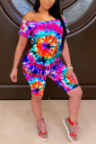 Blue Fashion adult OL Patchwork Print Tie Dye Two Piece Suits pencil Short Sleeve Two Pieces