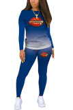 Blue Fashion Casual adult Ma'am Print Two Piece Suits pencil Long Sleeve Two Pieces