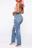 Blue Denim Zipper Fly High Hole Straight Pants Bottoms