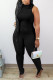 Black Street Print Solid Straight Sleeveless Two Pieces