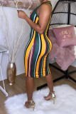 Red Fashion Sexy Red Blue Pink Yellow Wine Red Navy Blue Tank Sleeveless V Neck Hip skirt Knee-Length Striped Dresses