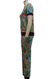 Green Casual Print Patchwork O Neck Short Sleeve Two Pieces