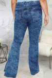 Gray Blue Sexy Solid Ripped Slit Mid Waist Regular Denim