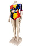 Multicolor Fashion Sexy Print Hot Drilling Backless Off the Shoulder Plus Size Swimwear