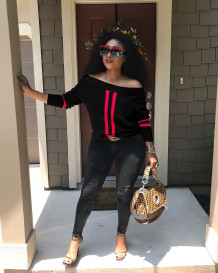 Black One word collar Long Sleeve Patchwork Tees & T-shirts