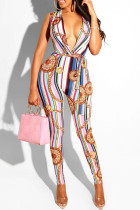 colour Casual Print bandage Chemical fiber blend Sleeveless V Neck Jumpsuits