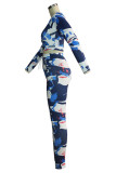 Blue Sexy Adult Twilled Satin Print Tie-dye O Neck Long Sleeve Regular Sleeve Short Two Pieces