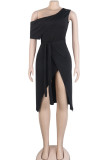 Black OL Cap Sleeve Short Sleeves one shoulder collar Hip skirt Mid-Calf Patchwork Solid Club D