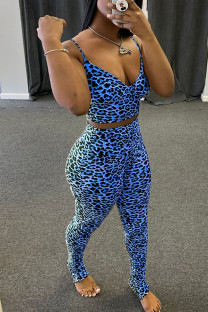 Blue Fashion Casual Leopard Patchwork Two Piece Suits pencil Sleeveless Two Pieces