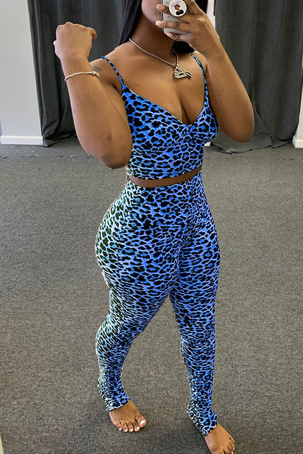 Blue Fashion Casual Leopard Patchwork Two Piece Suits pencil Sleeveless Two Pieces