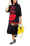 Red Fashion adult Street White Red Orange Cap Sleeve Half Sleeves O neck Pencil Dress Mid-Calf Print Patchwork Character Mesh hollow out Dresses