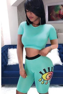 Blue Fashion Sexy backless Patchwork Print Straight Short Sleeve Two-Piece Short Set