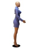 Grey Sexy Solid Hollowed Out O Neck Long Sleeve Mini Pencil Skirt Dresses
