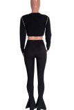 Black Sexy Solid Hollowed Out Patchwork Frenulum O Neck Long Sleeve Two Pieces
