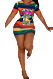 cartoon Fashion Casual cartoon multicolor Cap Sleeve Short Sleeves O neck Step Skirt skirt Striped Print Dresses