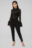 Black Sexy Fashion Ruffled Patchwork Solid Long Sleeve O Neck Playsuits