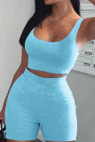 Blue Casual Solid Patchwork U Neck Sleeveless Two Pieces