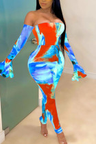 Blue Fashion Sexy Print Bateau Neck Skinny Jumpsuits