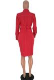 Red Sexy Fashion adult Cap Sleeve Long Sleeves Notched Straight Knee-Length Solid Patchwork ba