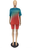 Blue Red Casual Gradual Change Patchwork O Neck Short Sleeve Two Pieces