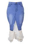 Blue Denim Button Fly Sleeveless Mid Patchwork Solid Split Mesh A-line skirt Pants Bottoms