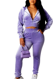purple Street Solid Hooded Collar Three Quarter Regular Sleeve Short Two Pieces