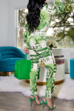 Fluorescent Green Casual Print Patchwork Zipper Collar Long Sleeve Two Pieces