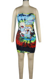 Green Fashion Sexy adult Ma'am Green Pink Off The Shoulder Sleeveless One word collar Step Skirt Knee-Length Print Patchwork Dresses