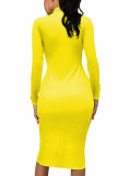 Yellow Fashion Casual Adult Print Patchwork O Neck Long Sleeve Knee Length A Line Dresses