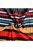 Red Casual Cap Sleeve Long Sleeves O neck Lantern skirt Mid-Calf Print Striped