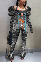 Grey Sexy Casual Camouflage Print Strap Design Square Collar Long Sleeve Two Pieces
