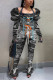 Grey Sexy Casual Camouflage Print Strap Design Square Collar Long Sleeve Two Pieces