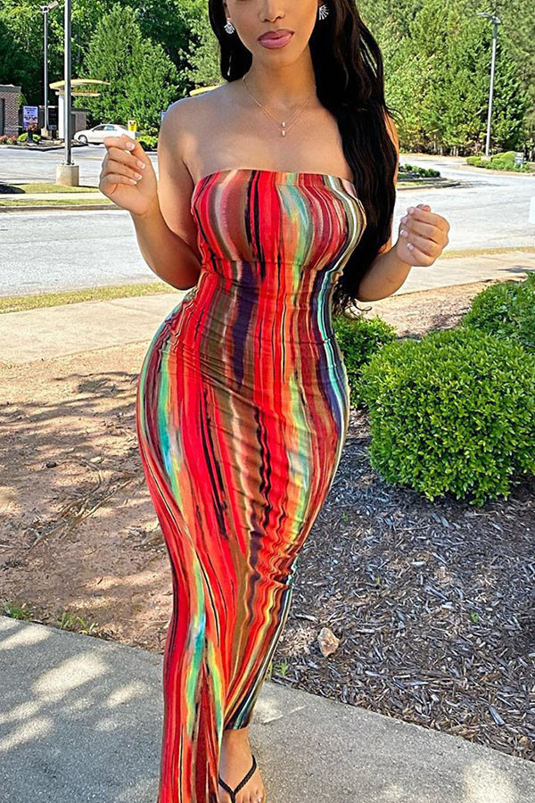 Multi-color Sexy Print Tie-dye Backless Strapless Pencil Skirt Dresses