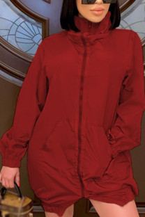 Wine Red Fashion Casual Adult Solid Patchwork Turtleneck Long Sleeve Mini A Line Dresses