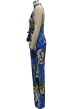 Turquoise Sexy Print Patchwork Halter Straight Jumpsuits