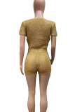 Gold Sexy Solid Color Patchwork O Neck Short Sleeve Two Pieces
