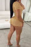 Gold Sexy Solid Color Patchwork O Neck Short Sleeve Two Pieces