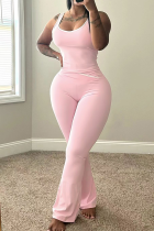 Pink Sportswear Solid Color Patchwork U Neck Sleeveless Two Pieces