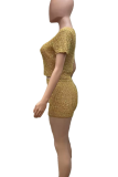 Gold Sexy Solid Color Patchwork O Neck Short Sleeve Two Pieces