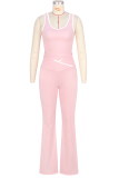 Pink Sportswear Solid Color Patchwork U Neck Sleeveless Two Pieces