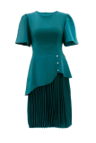 Malachite Green Elegant Solid Color Pleated O Neck Long Dresses