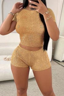 Gold Sexy Solid Color Patchwork O Neck Short Sleeve Two Pieces
