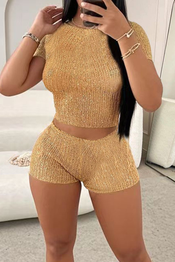 Gold Sexy Solid Color Patchwork O Neck Short Sleeve Two Pieces