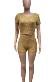 Gold Sexy Solid Color Patchwork O Neck Short Sleeve Two Pieces