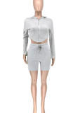 Pink Casual Solid Color Pocket Zipper Hooded Long Sleeve Two Pieces