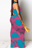 Peacock Blue Sexy Print Patchwork O Neck Long Dresses